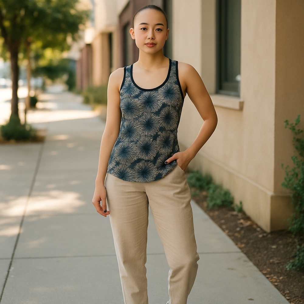 Crosby Navy & Cream Floral Tank Top Button Detail Size Small